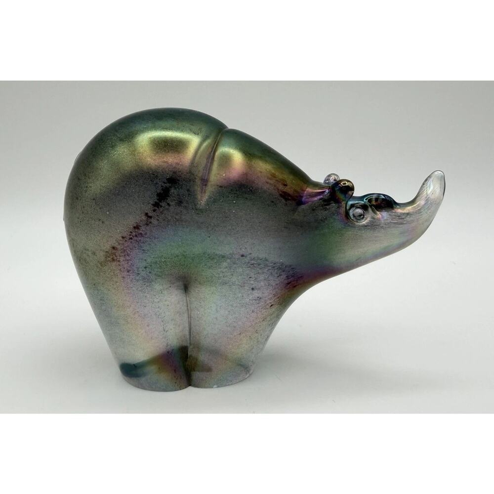 Orient & Flume Iridescent Art Glass Rhino Figurine Paperweight 3.5” Tall Signed